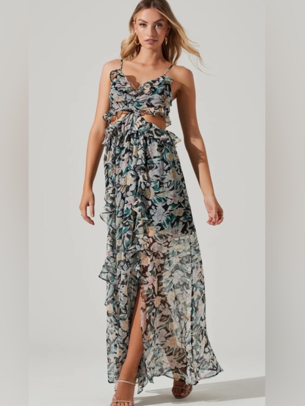 Astr the label maxi floral cutout dress black multi floral XS